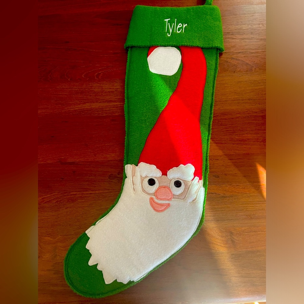 “Tyler” Gnome, Hable brand wool/rayon Christmas stocking
